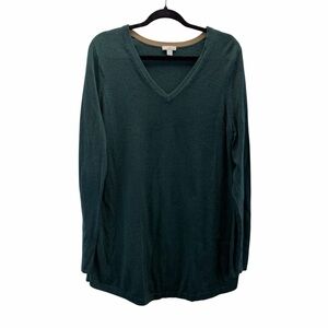 J.Jill Green V-Neck Knit Sweater Tunic Women Large Cotton Blend Long Sleeve Top